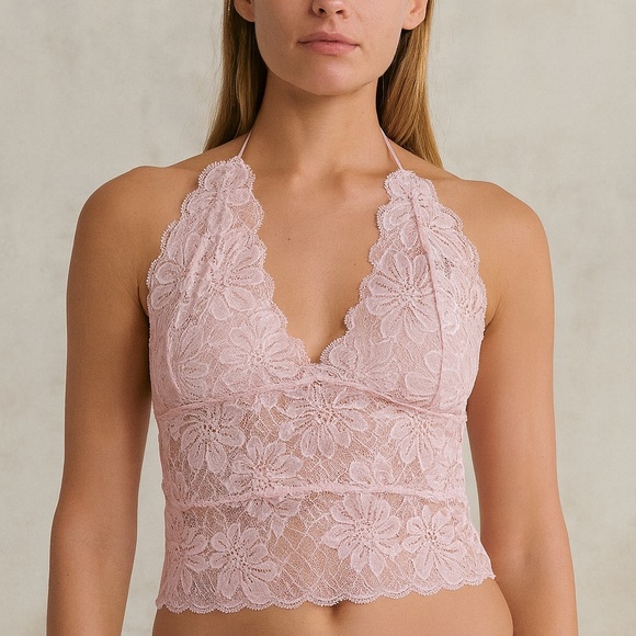 Vintage Pink Lace Fredericks of Hollywood Pink Lace Sheer Halter Top - Picture 1 of 4